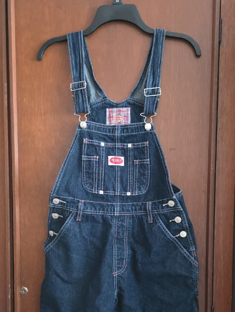 Revolt Plaid Label Denim Short Overalls in Dark Blue and Red Sz S 100% Cotton
